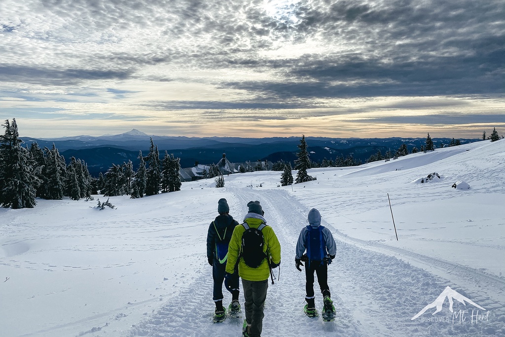 Three people snowshoeing at Timberline Lodge