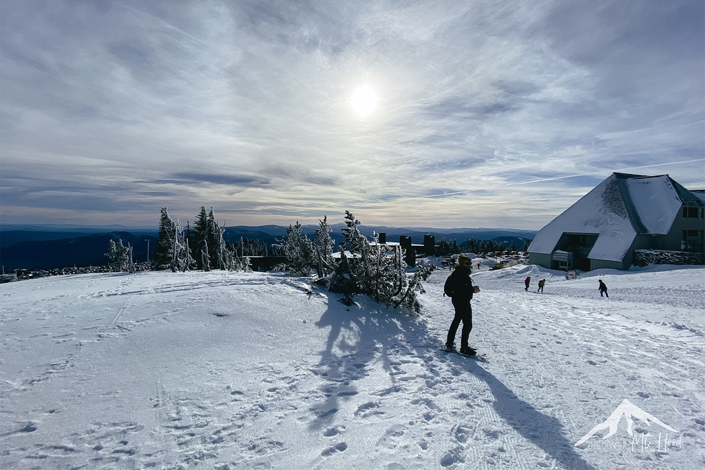 A man snowshoeing at Timberline Lodge