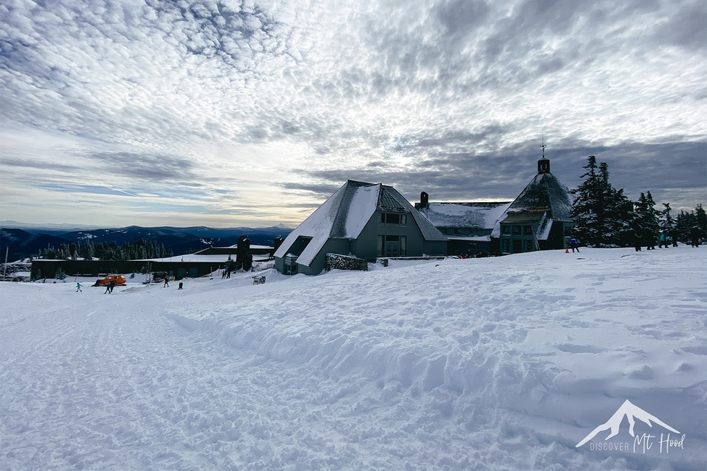 View of View of Timberline Lodge surrounded by snow