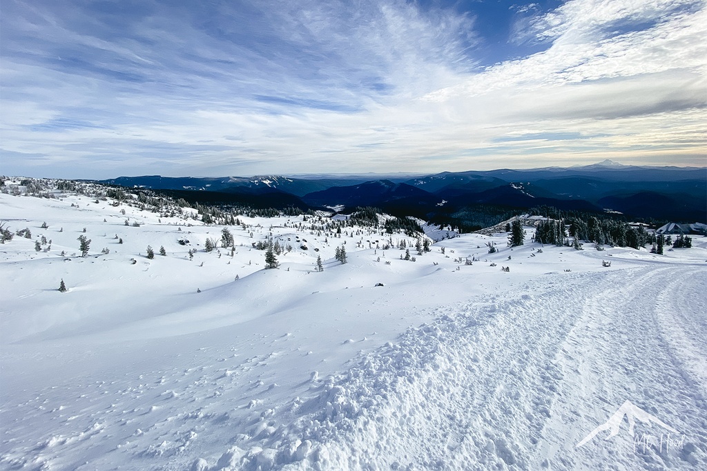 View of Mt. Jefferson from snow covered trail