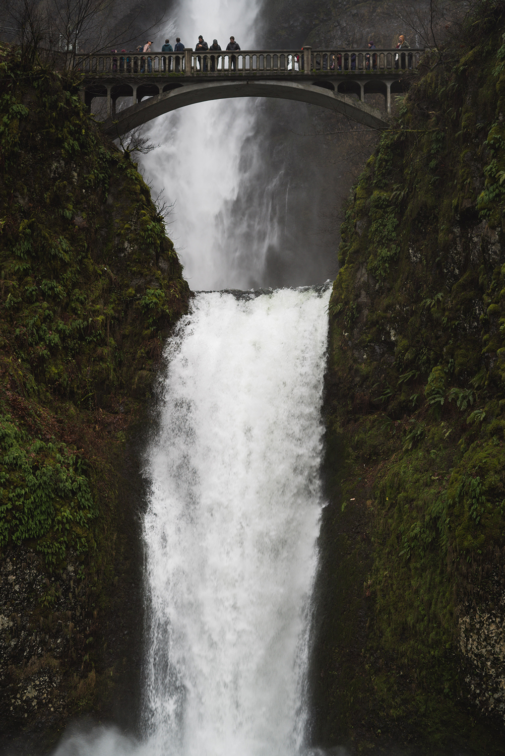 people standing on benson bridge above 620-foot multnomah falls